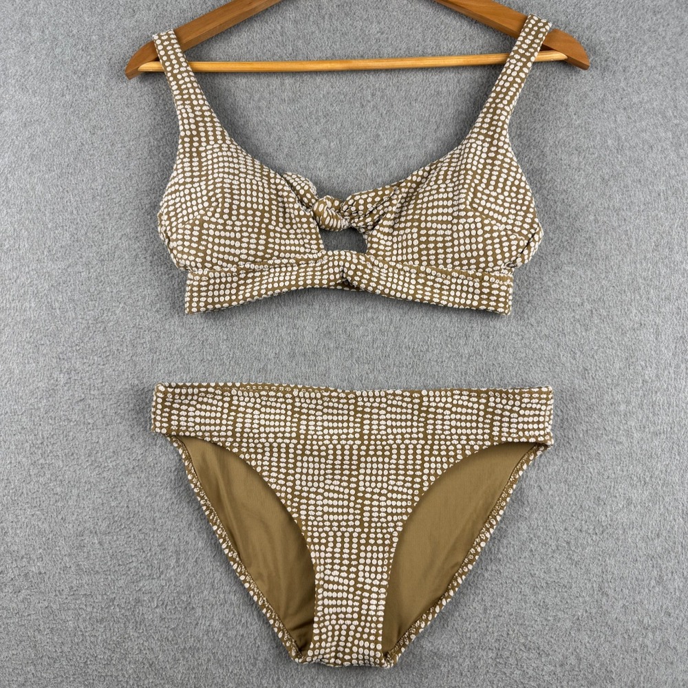 Aerie Bikini Women Medium Scoop Front Knot Dotted Olive Green Two Piece Swimsuit